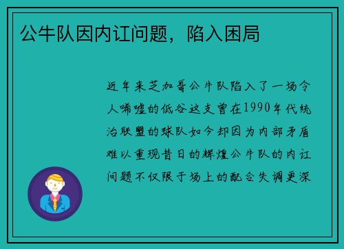 公牛队因内讧问题，陷入困局