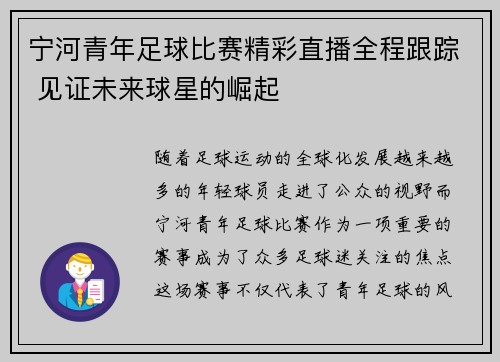 宁河青年足球比赛精彩直播全程跟踪 见证未来球星的崛起